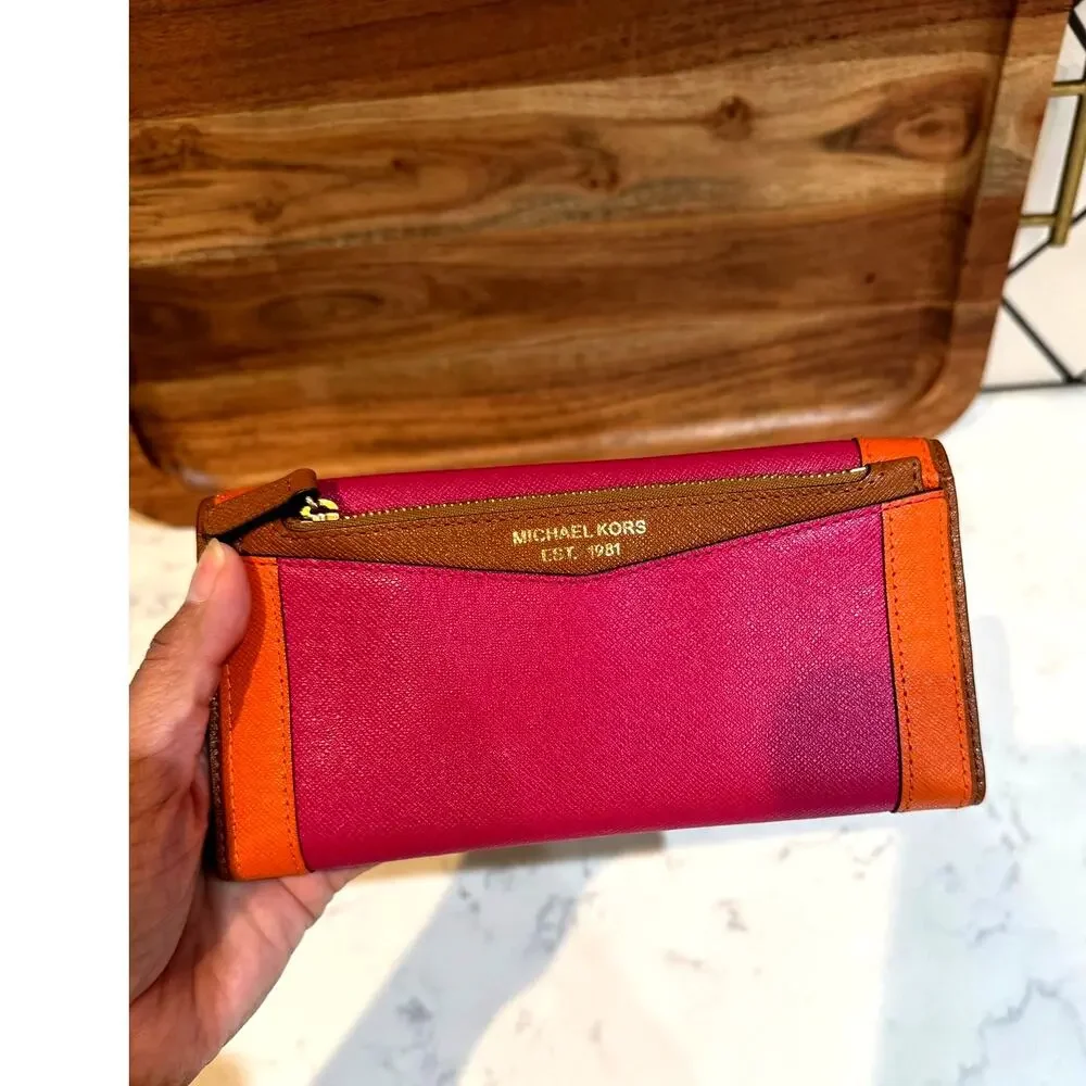 Michael Kors Saffiano Leather Envelope Carryall Wallet pink orange vibrant